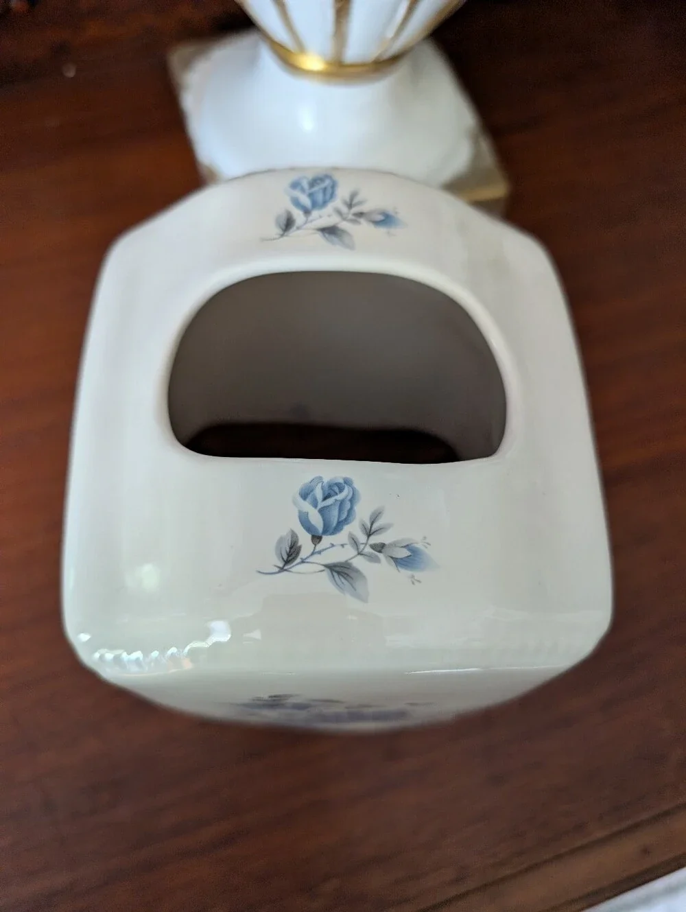 Vintage,  ATHENA USA Tissue Container holder Blue Roses Off white Porcelain 6.5